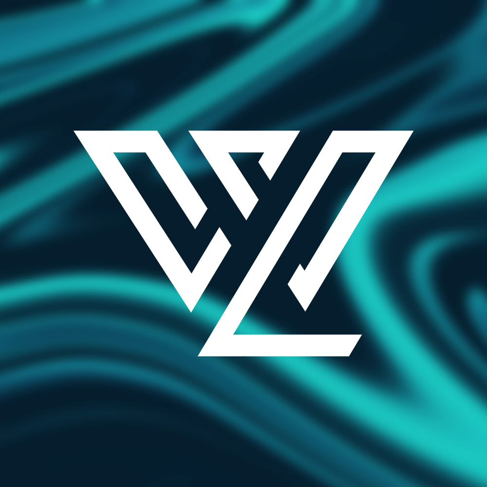 Weißes geometrisches Emblem vor türkis-blauem Wellenhintergrund