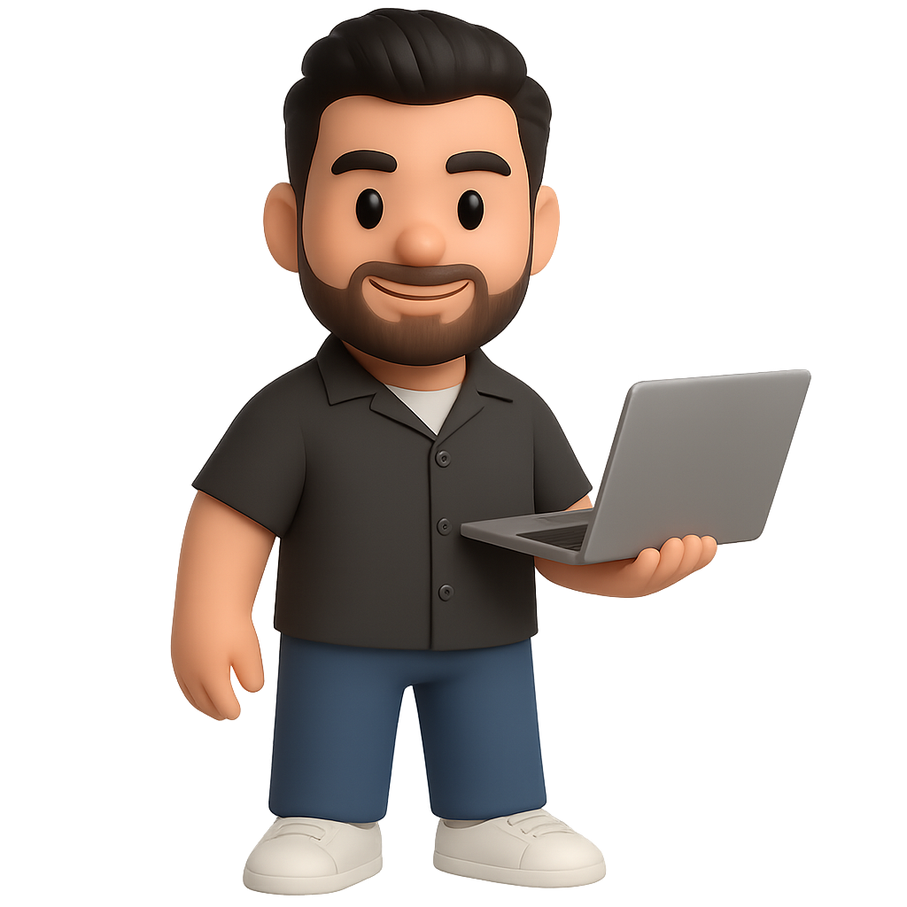 3D-Avatar mit Bart hält Laptop