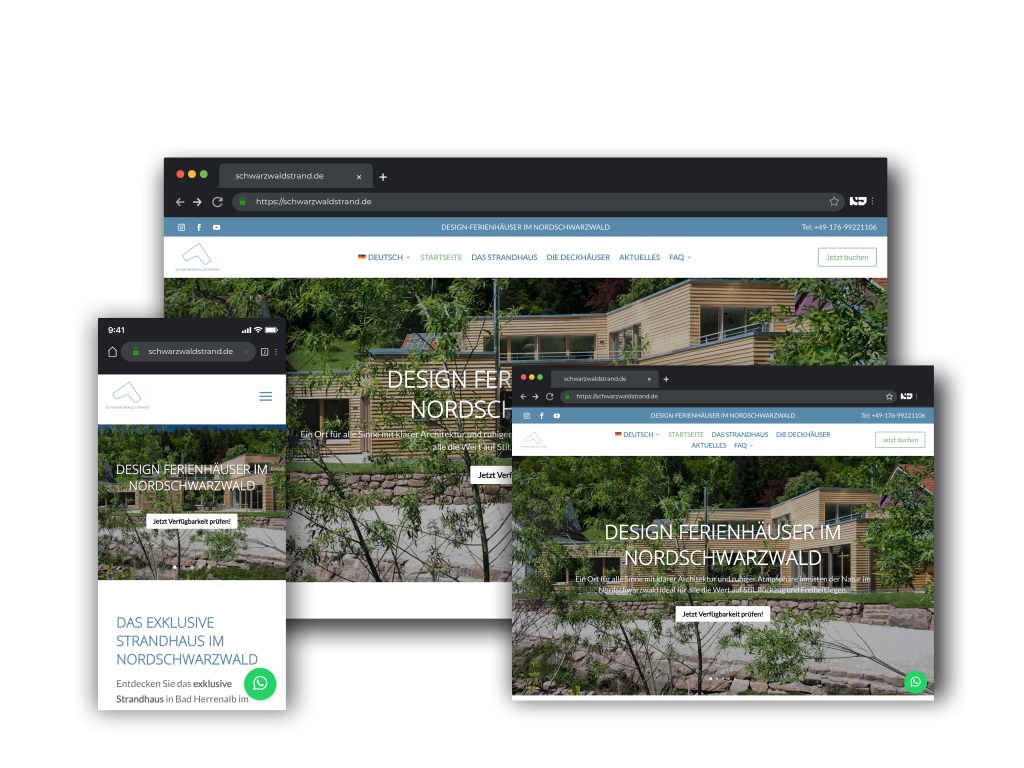Mehrere Browserfenster mit responsiver Website für Ferienhäuser