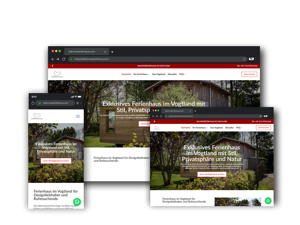 Mehrere Bildschirmansichten einer Ferienhaus-Website im responsiven Layout
