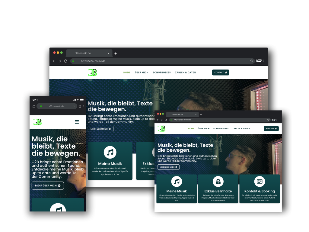 Mehrere Ansichten eines Musik-Webseiten-Mockups auf verschiedenen Geräten