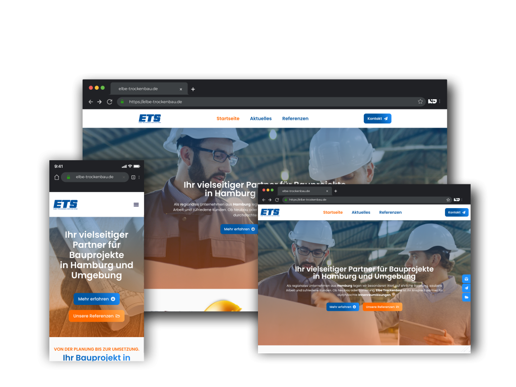 Responsive Darstellung einer Bau-Website auf Desktop, Tablet und Smartphone