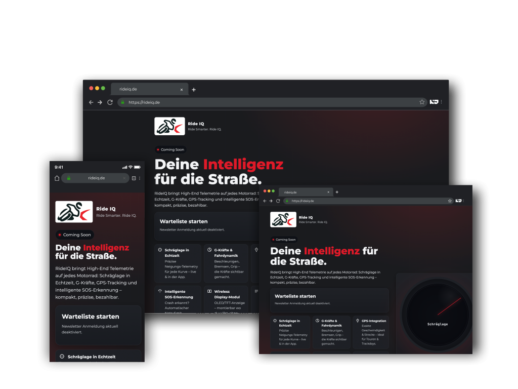 Mehrere Bildschirmansichten einer dunklen Website-Oberfläche