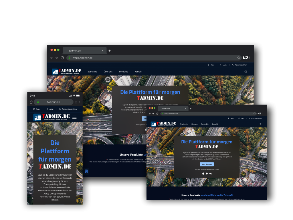 Mehrere Browser-Mockups einer Plattform mit Luftbild-Header