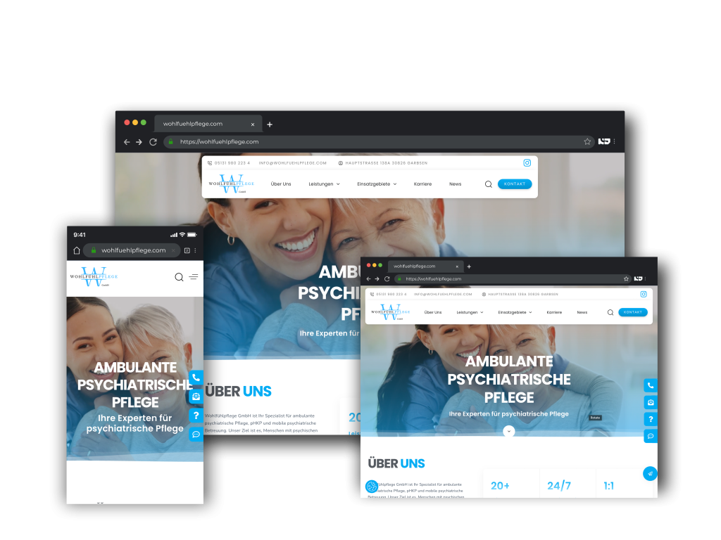 Mehrere Bildschirme zeigen ein Website-Mockup zur psychiatrischen Pflege