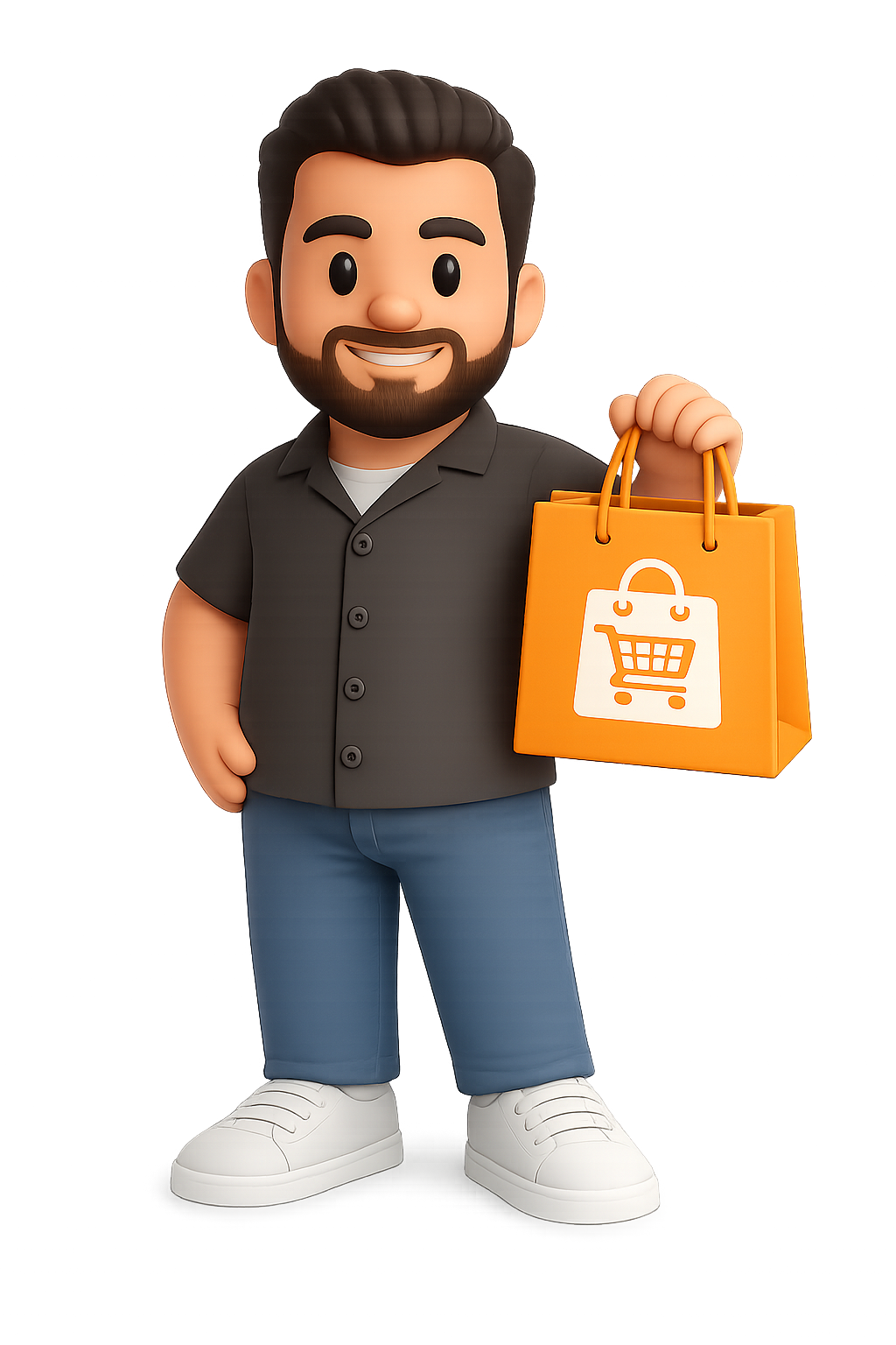 3D-Avatar hält orange Einkaufstüte