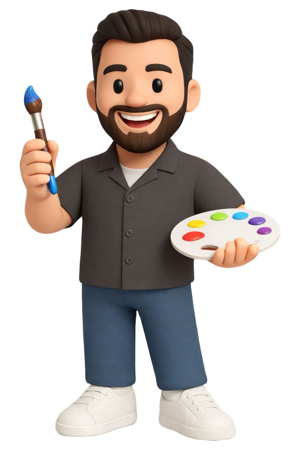 3D-Figur mit Pinsel und Farbpalette vor schwarzem Hintergrund